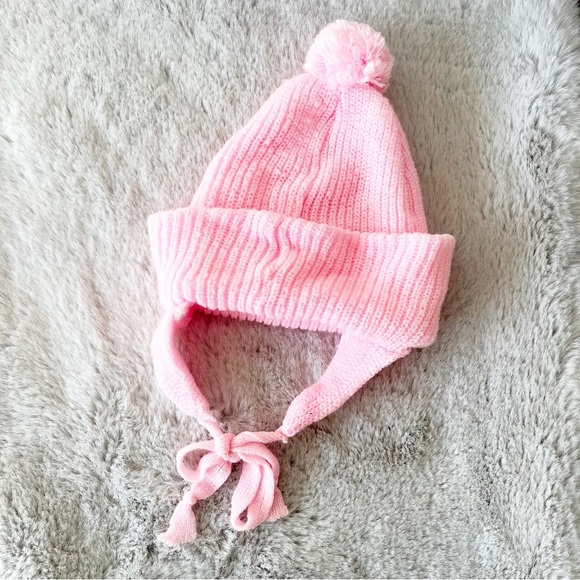 VINTAGE Baby Edward Light Pink Knit Winter Hat With Ear Flaps and Neck Tie - Picture 1 of 4